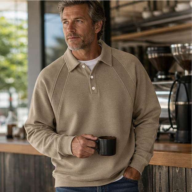 Khaki polo-collar pullover at a coffee shop
