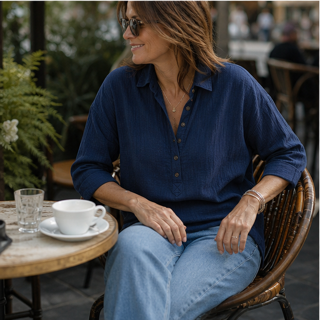 Navy linen Henley at an outdoor cafe