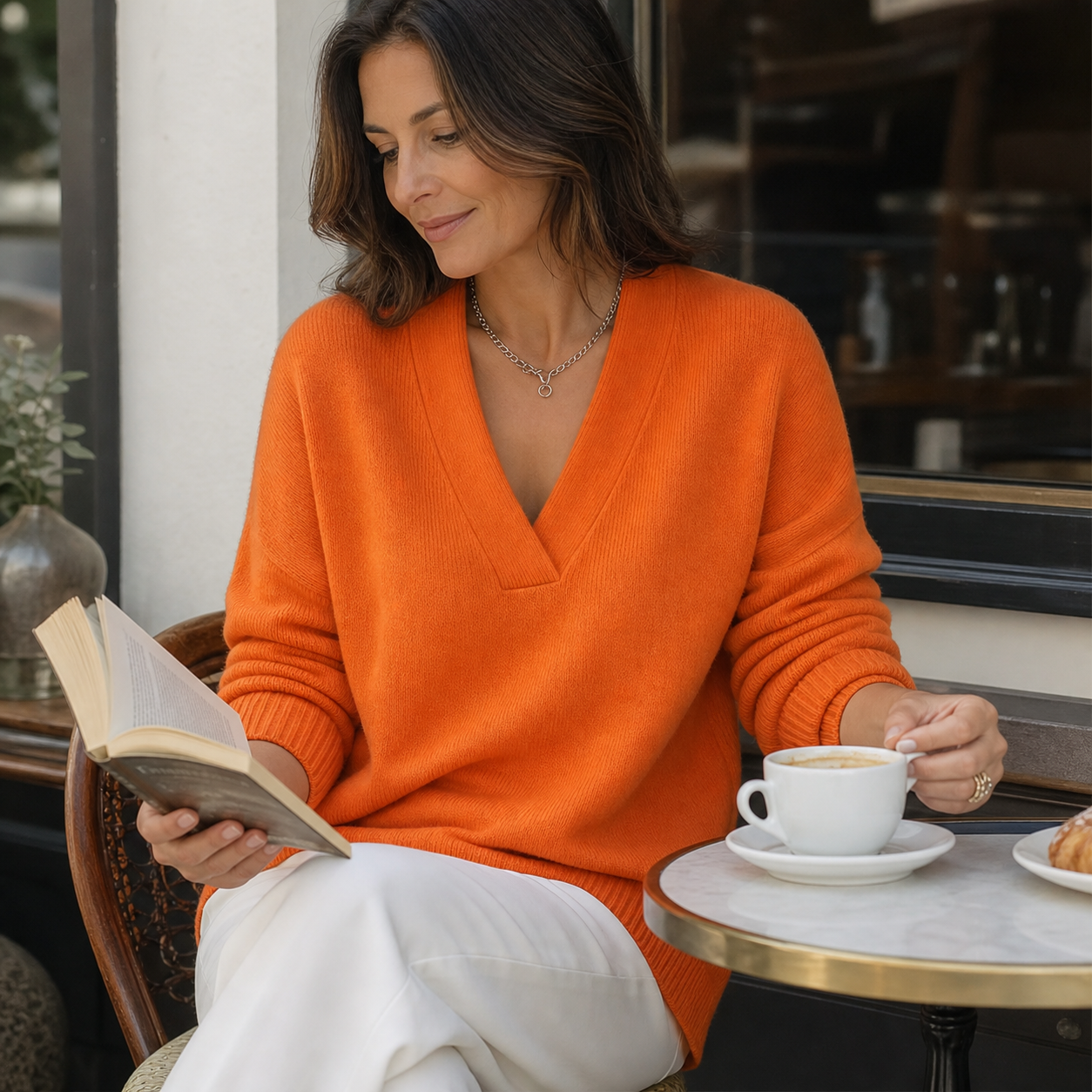 Woman wearing the Orange V-neck knit sweater at a cafe