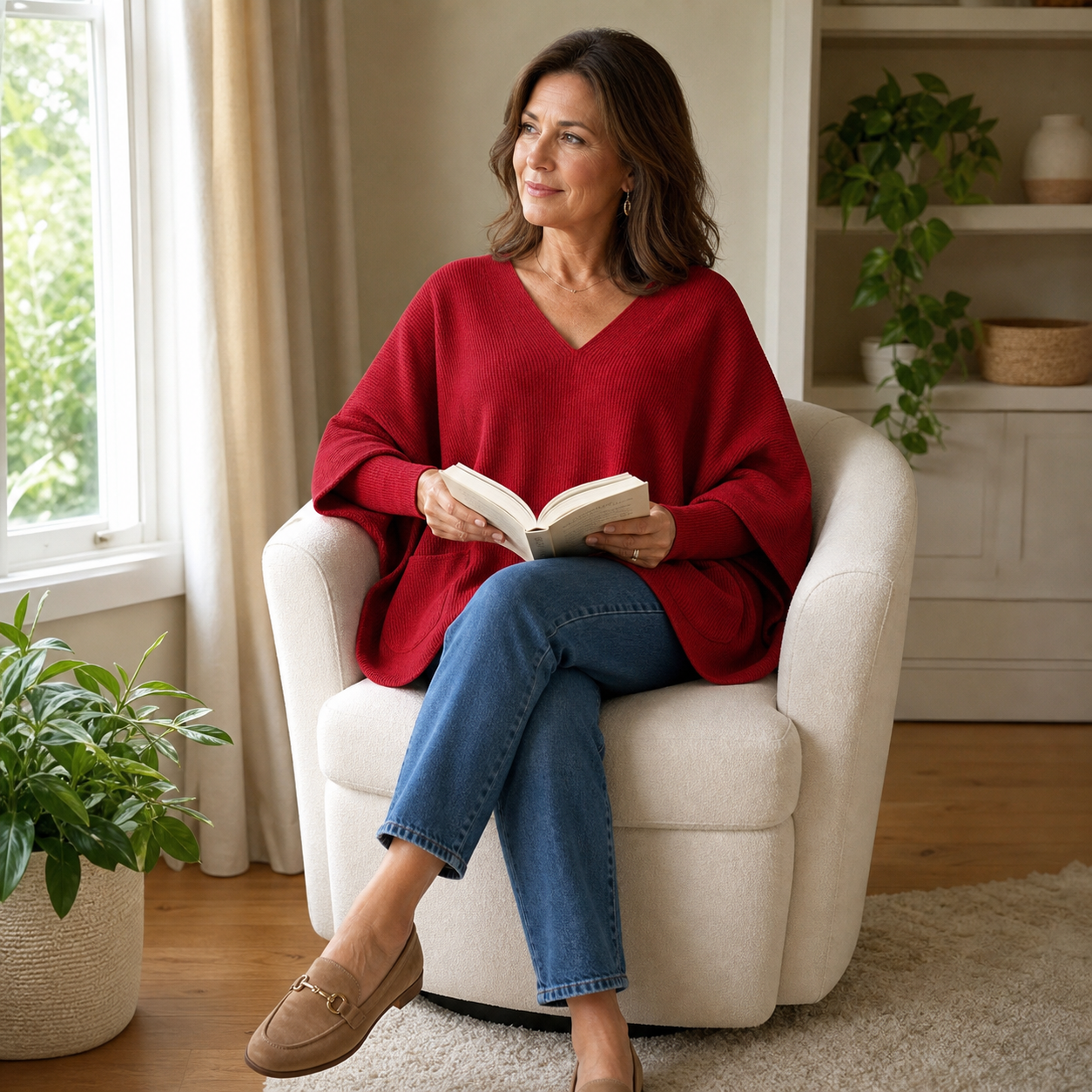 Woman wearing red V-neck knit top while reading