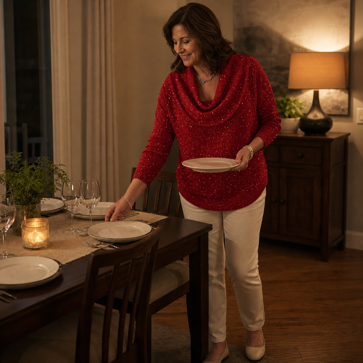Woman in the Red sweater setting a dinner table at home