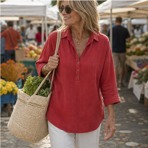 Red linen Henley at a weekend market