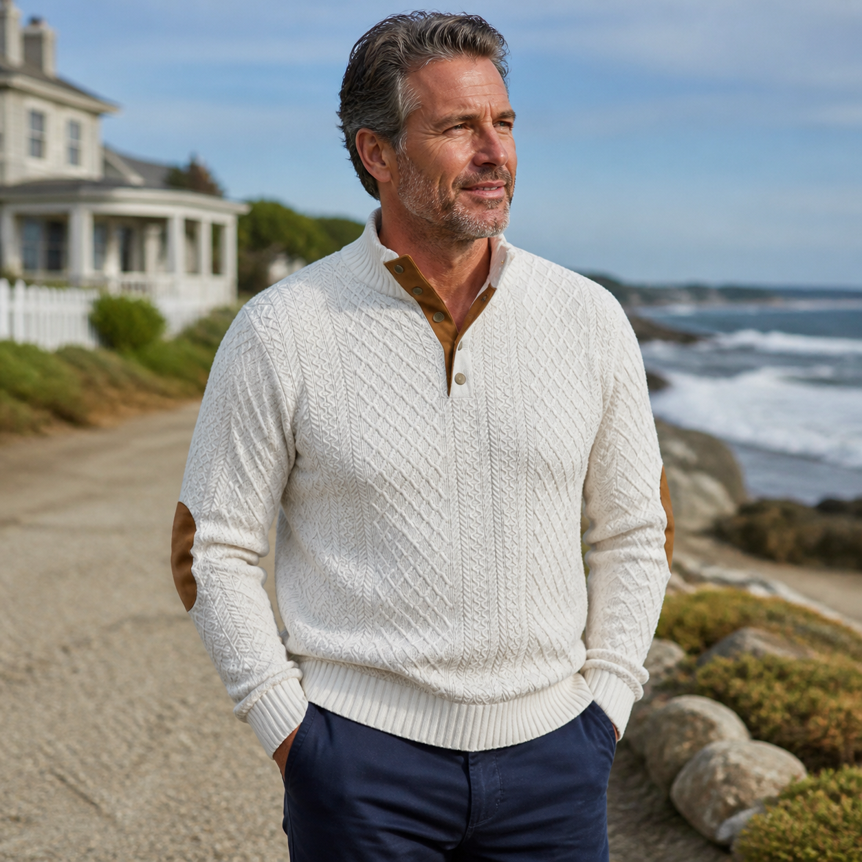 Man wearing the White textured pullover on a coastal walk
