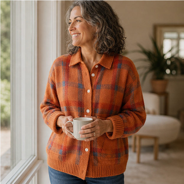 Orange plaid knit worn at home by a window with a mug