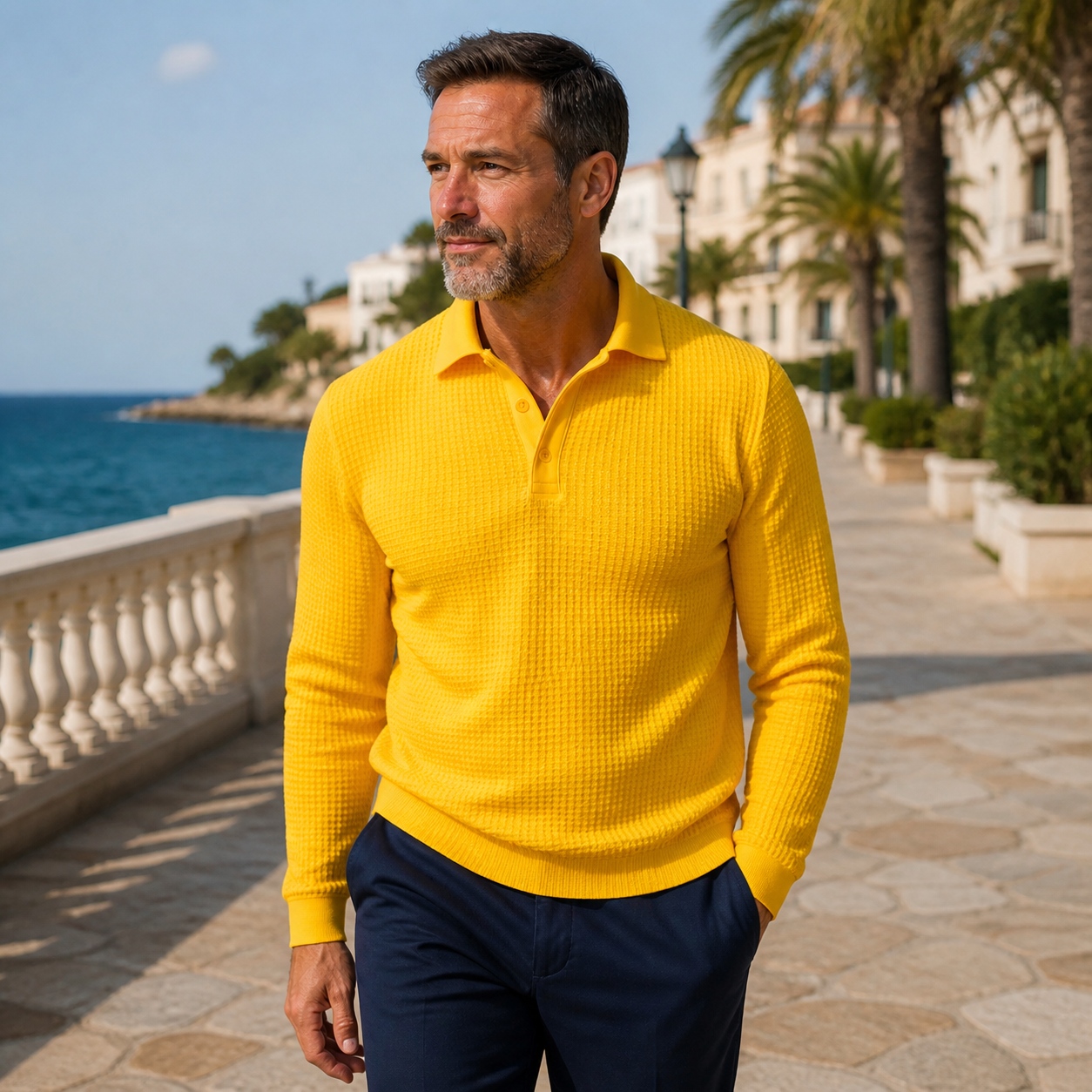 Yellow pure cotton waffle-knit long-sleeve polo showing the textured surface