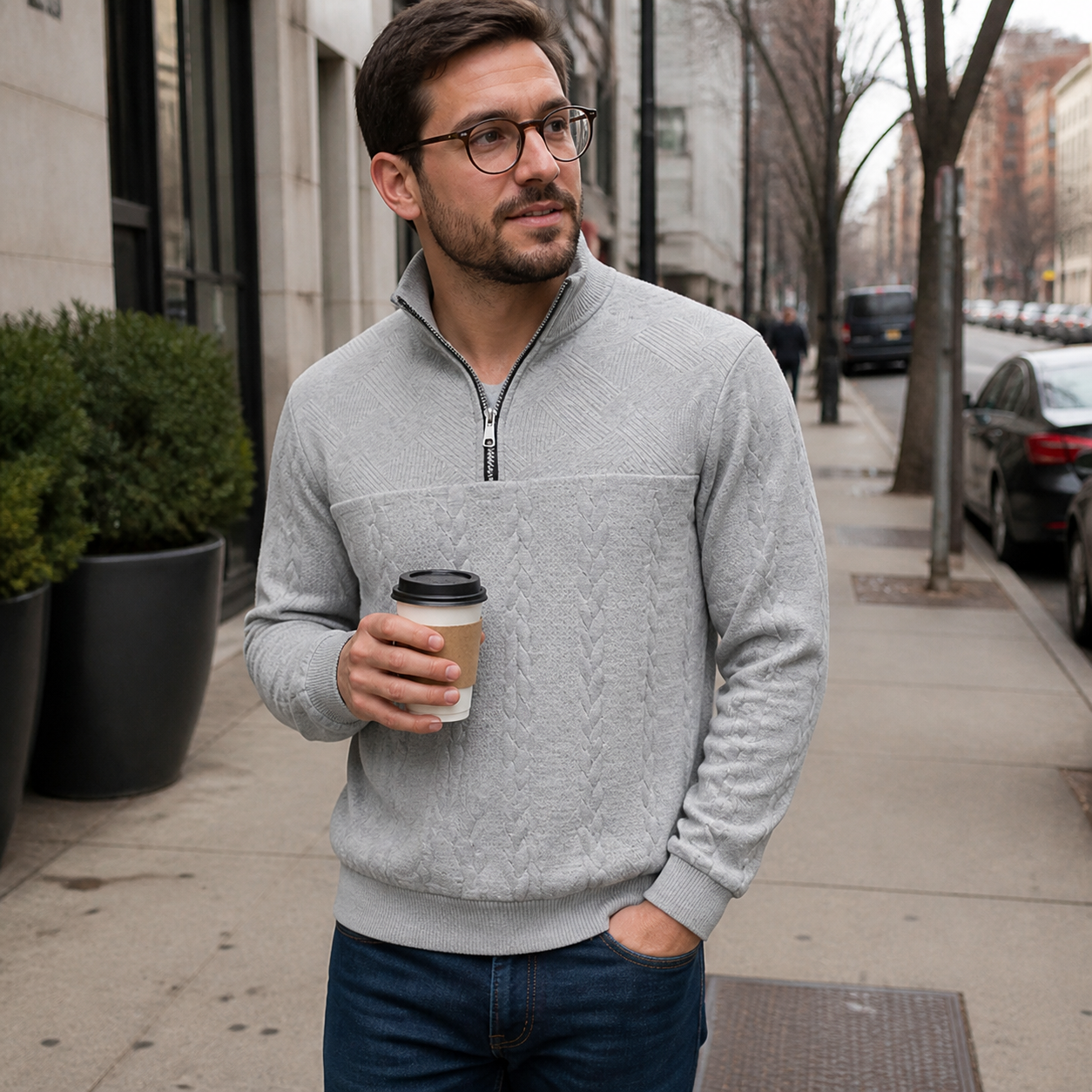 Customer style photo showing the light grey cable-knit quarter-zip sweater