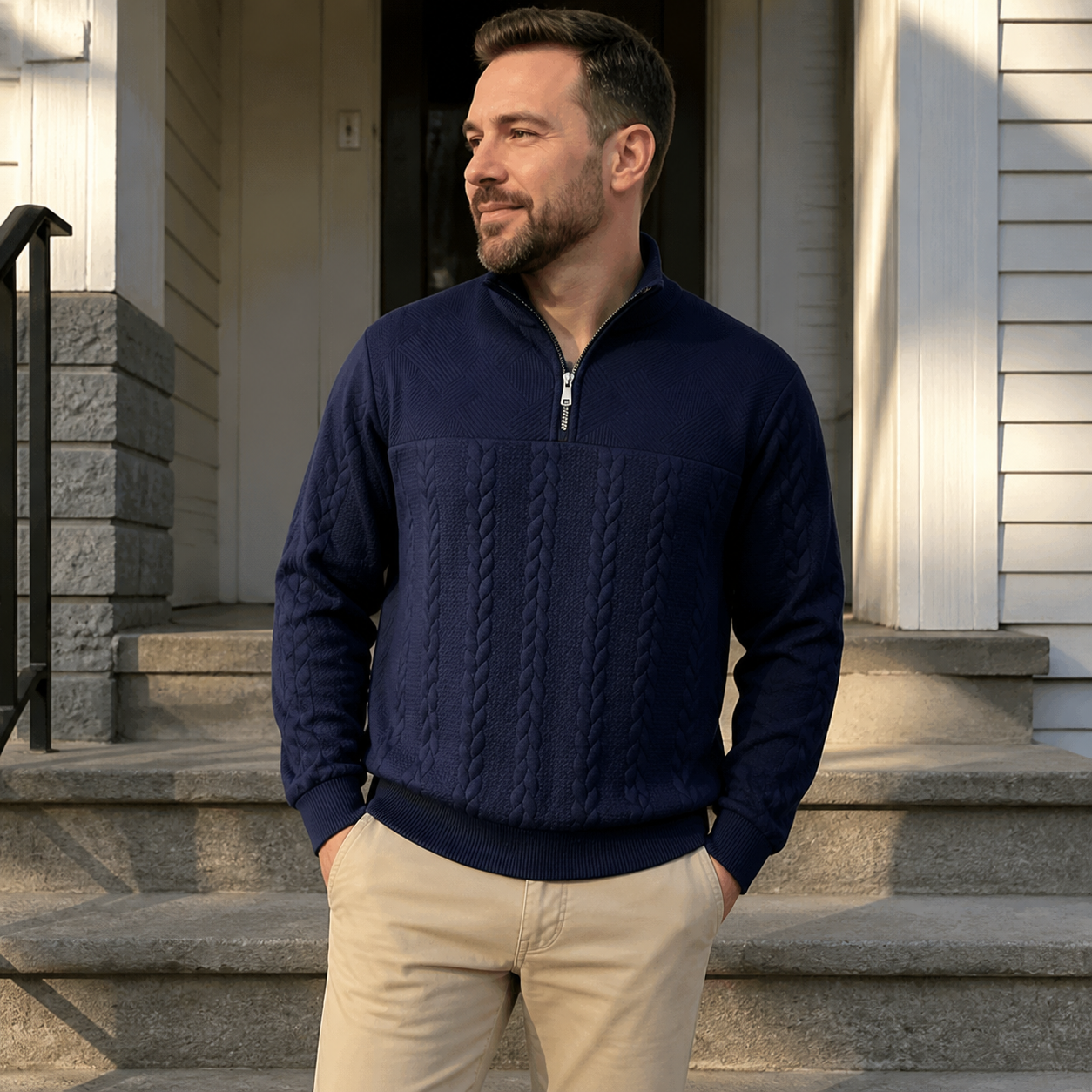 Customer style photo showing the navy cable-knit quarter-zip sweater