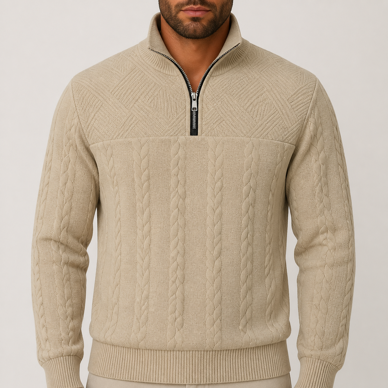 Beige cable-knit quarter-zip sweater detail