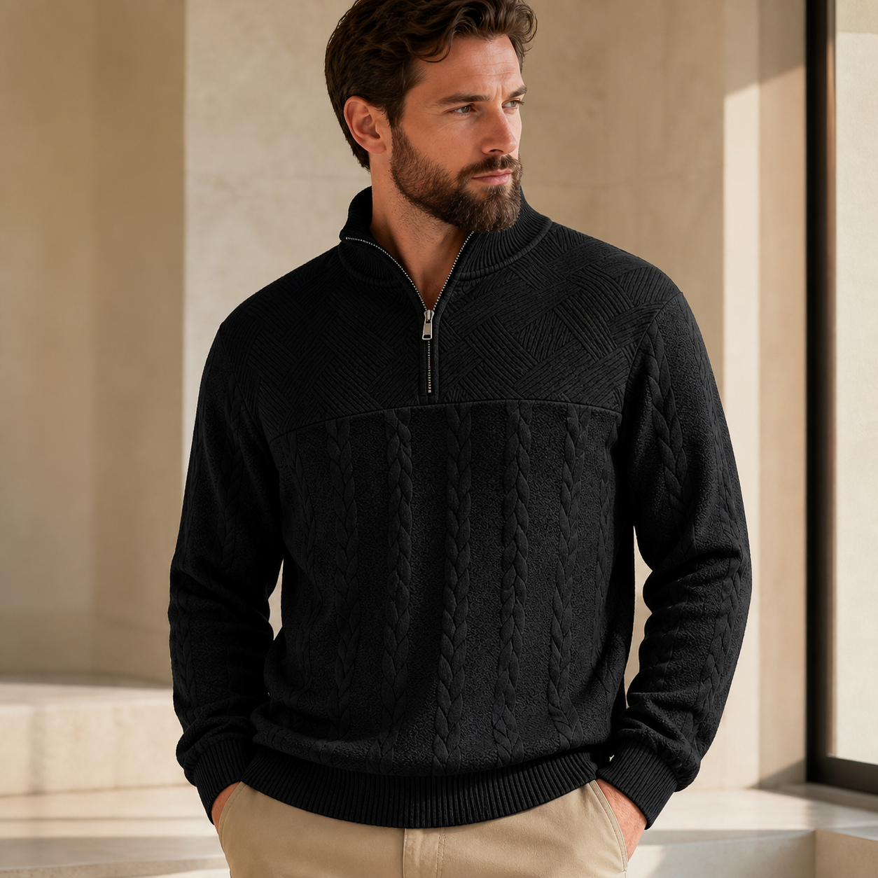 Black cable-knit quarter-zip stand-collar sweater