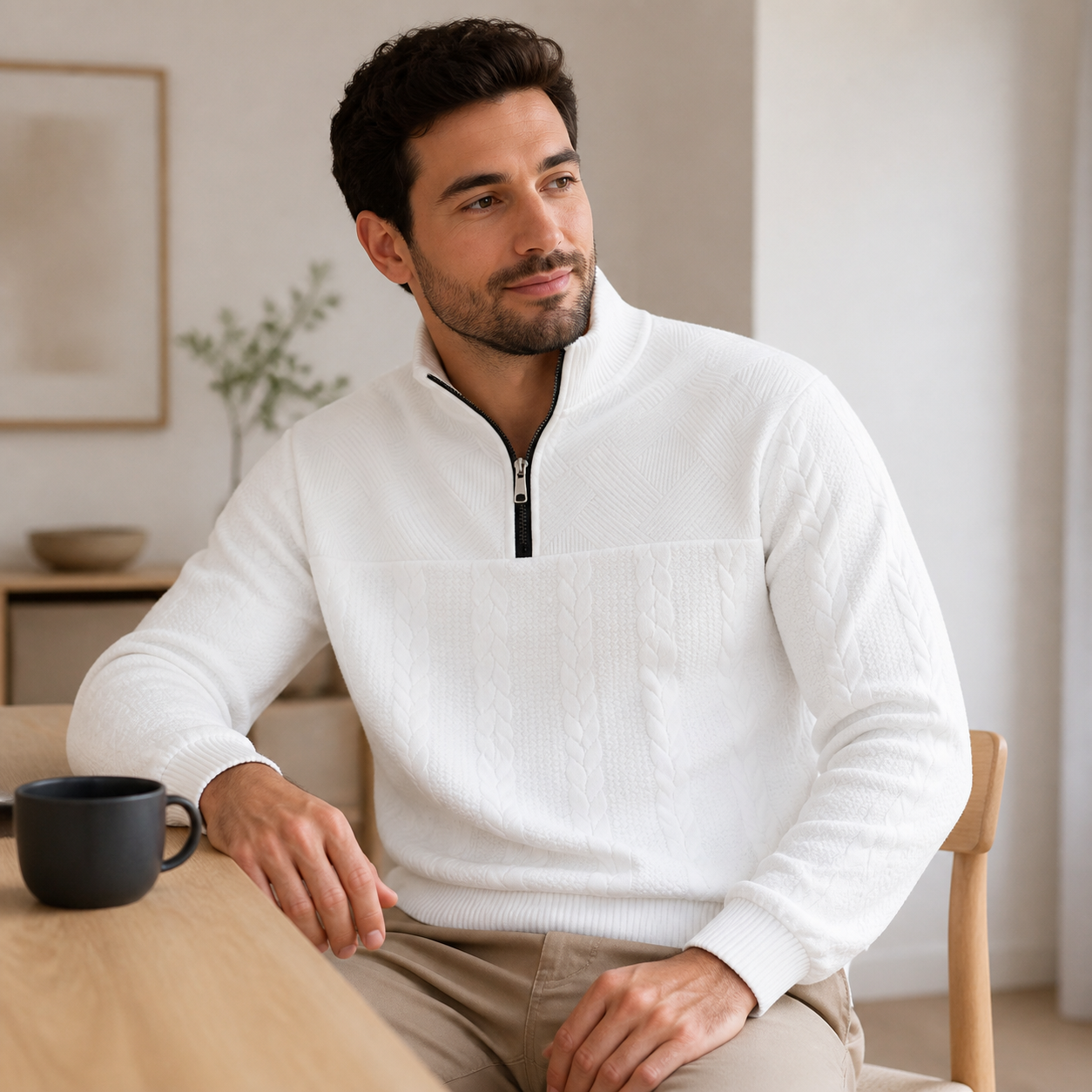 White cable-knit quarter-zip stand-collar sweater styled casually