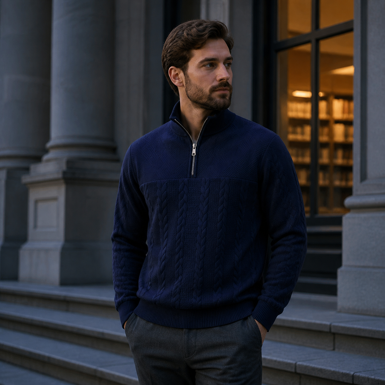 Navy cable-knit quarter-zip stand-collar sweater styled outdoors