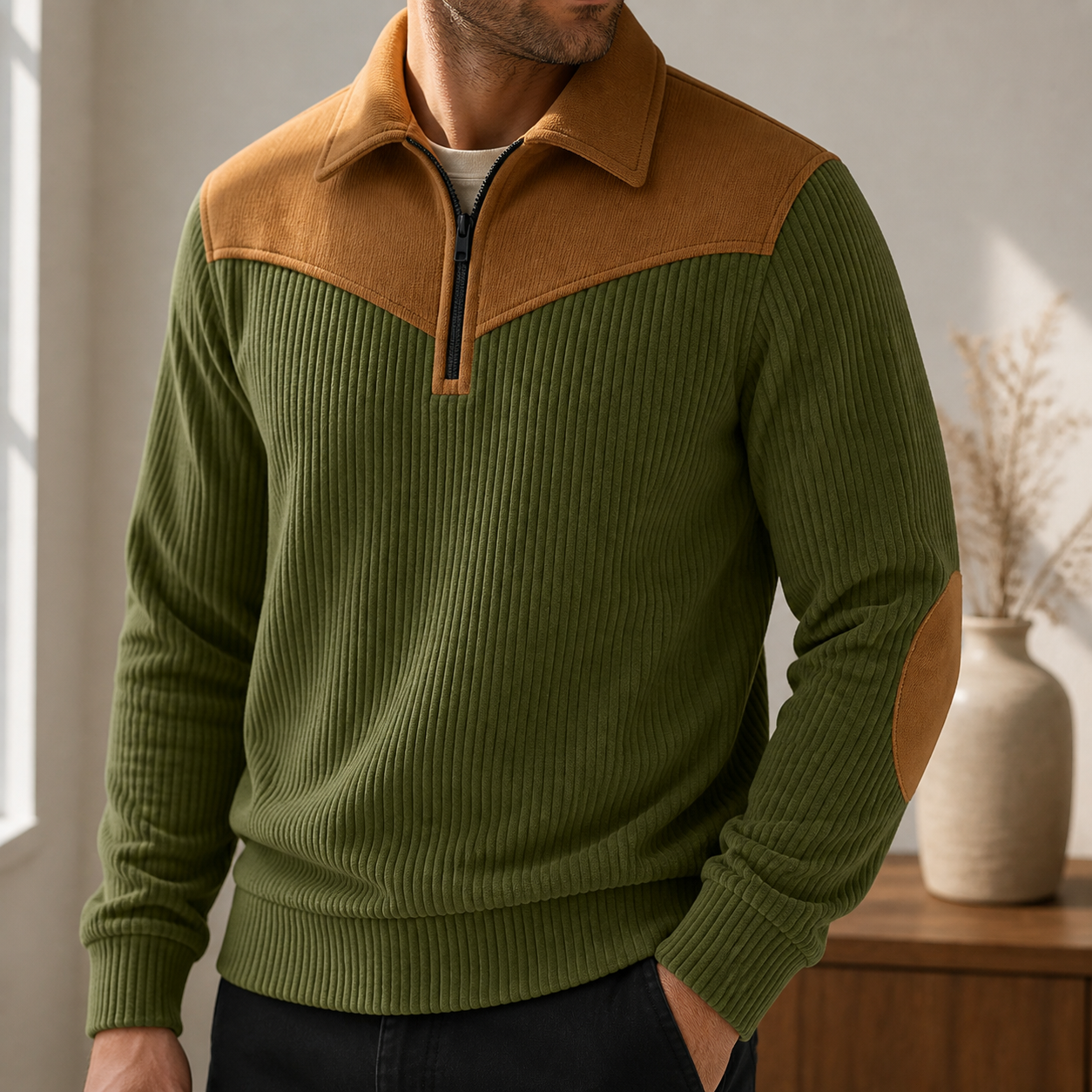 Olive green with camel contrast pullover detail