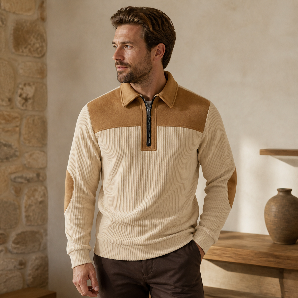 Cream with camel contrast corduroy half-zip pullover