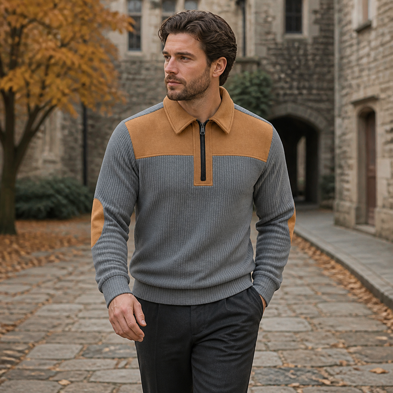 Grey with camel contrast pullover styled with denim