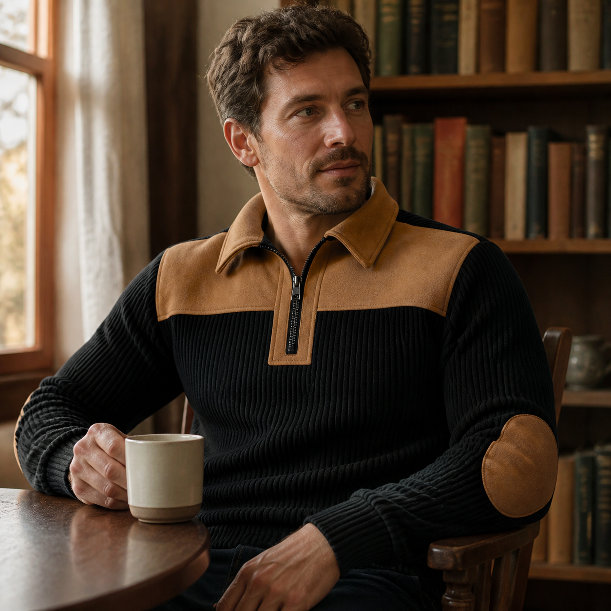 Black with camel contrast half-zip pullover in a casual look