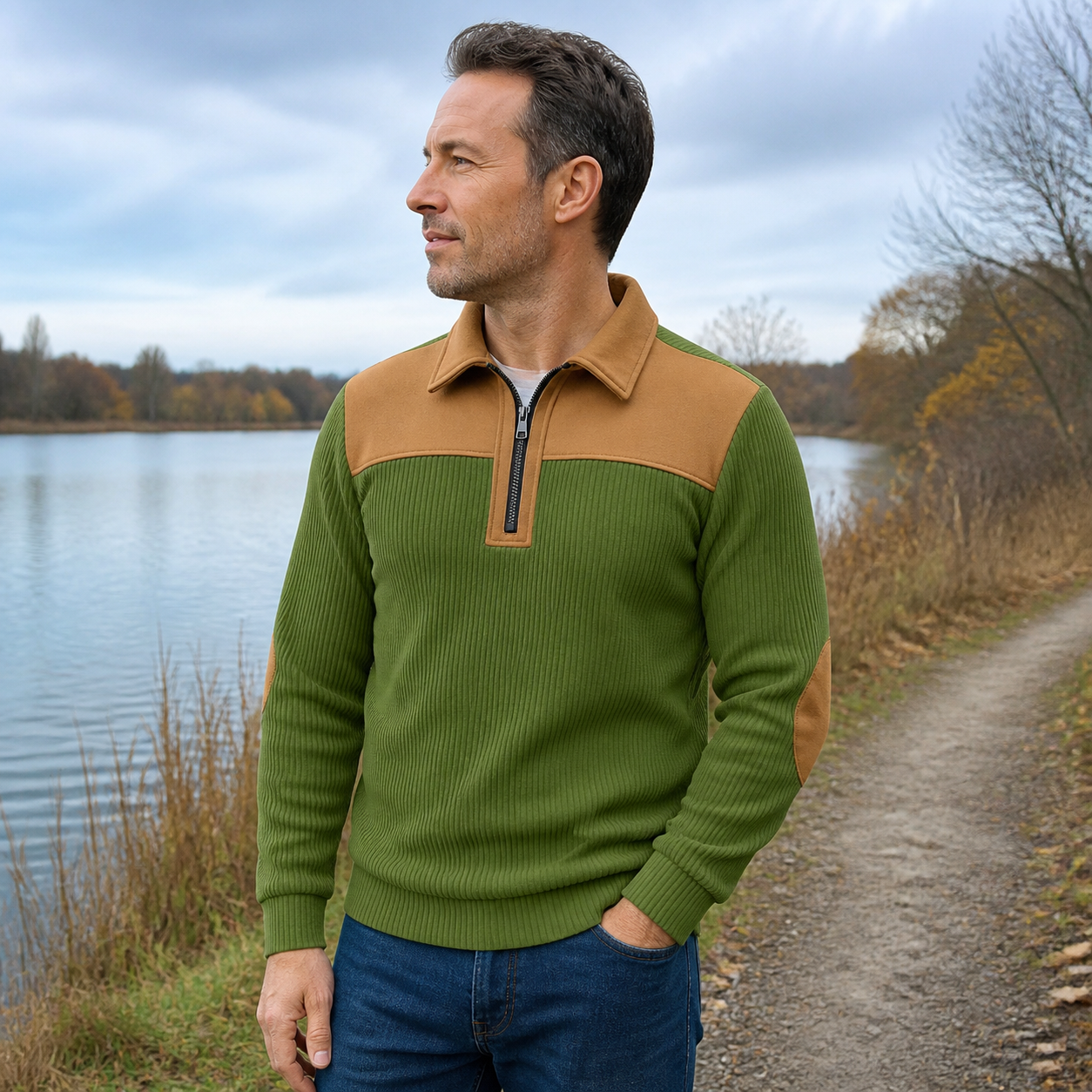 Olive green with camel contrast corduroy pullover styled outdoors