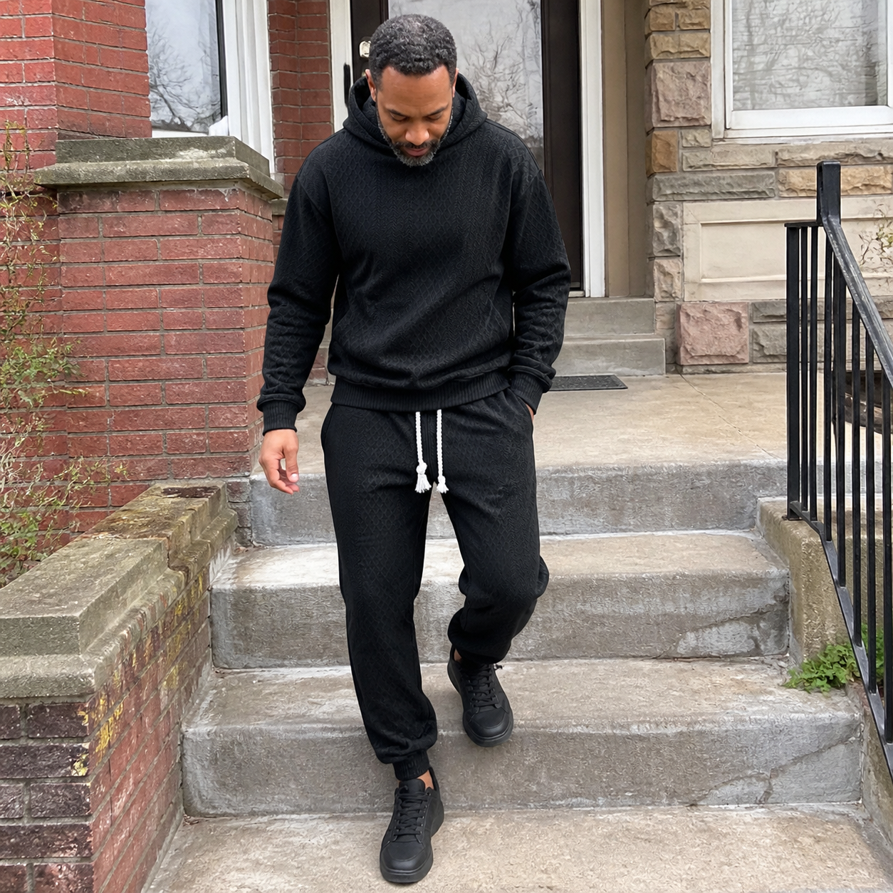 Customer style photo showing the black ribbed set