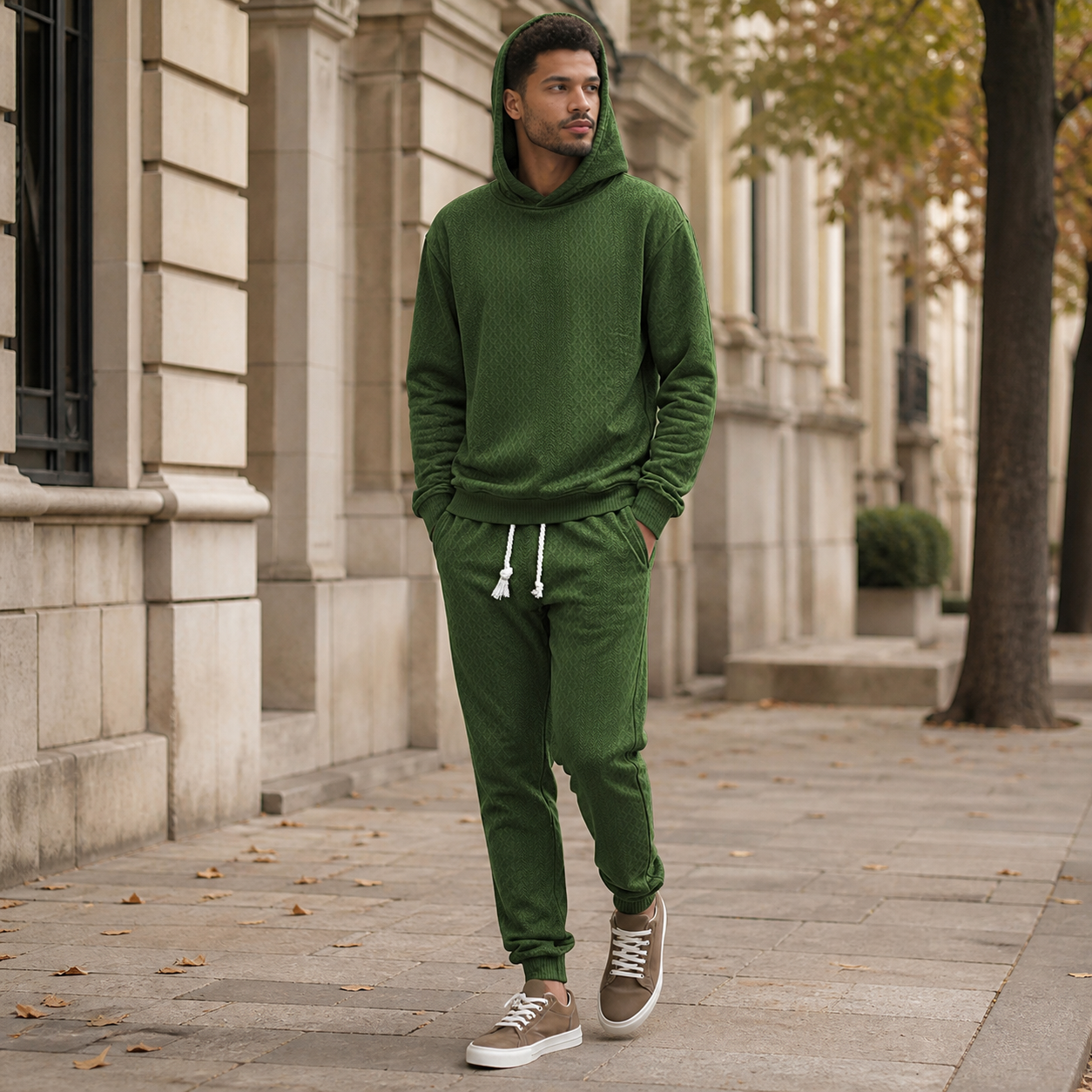 Dark green ribbed hooded pullover and jogger set