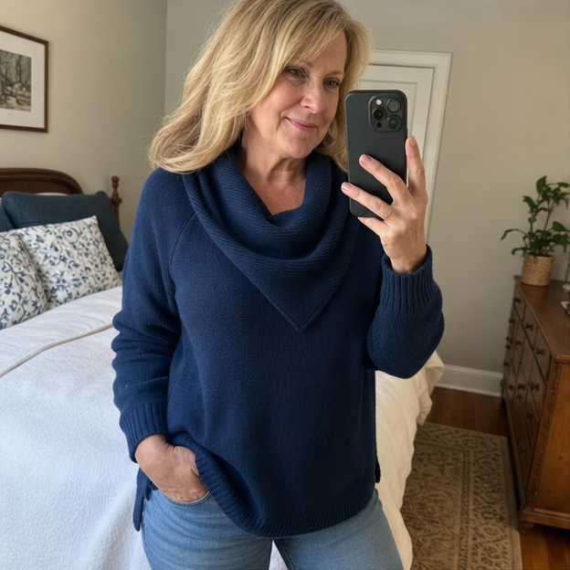 Customer mirror photo wearing navy draped-neck sweater