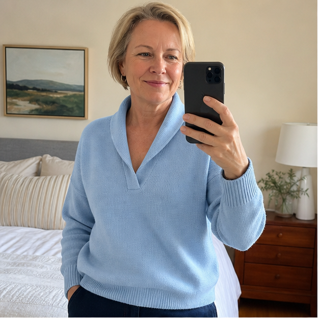 Customer mirror photo wearing the powder blue sweater