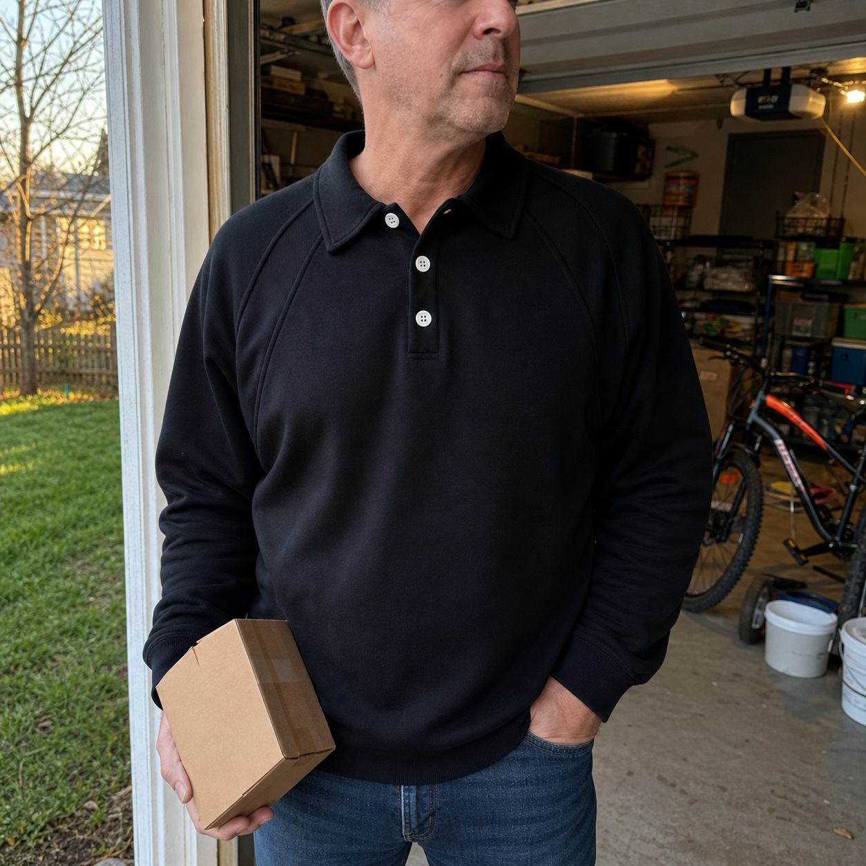 Customer wearing black pullover at a garage doorway