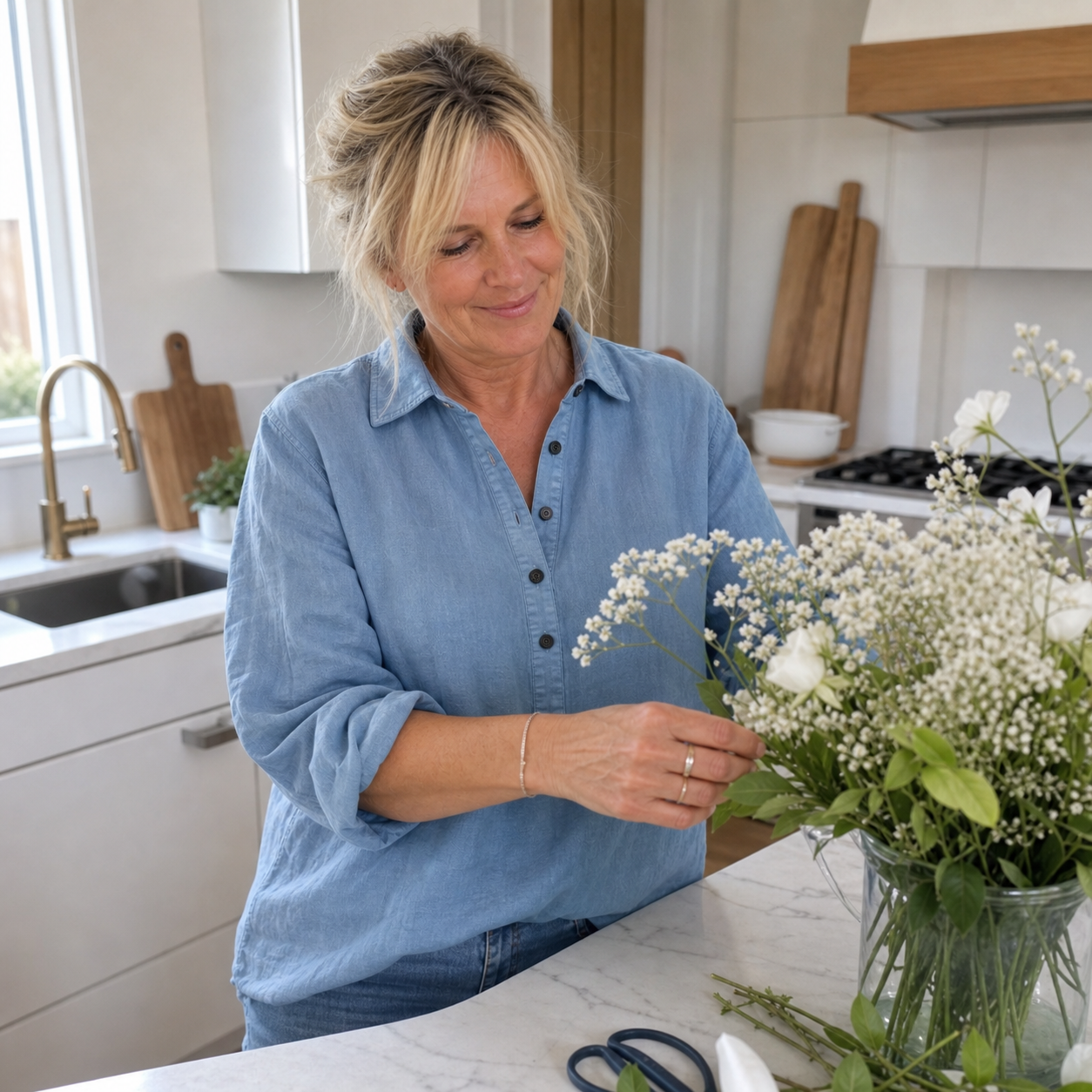 Customer arranging flowers in the blue linen Henley