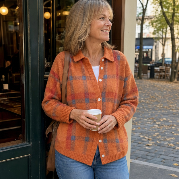 Customer wearing orange plaid knit outside a cafe