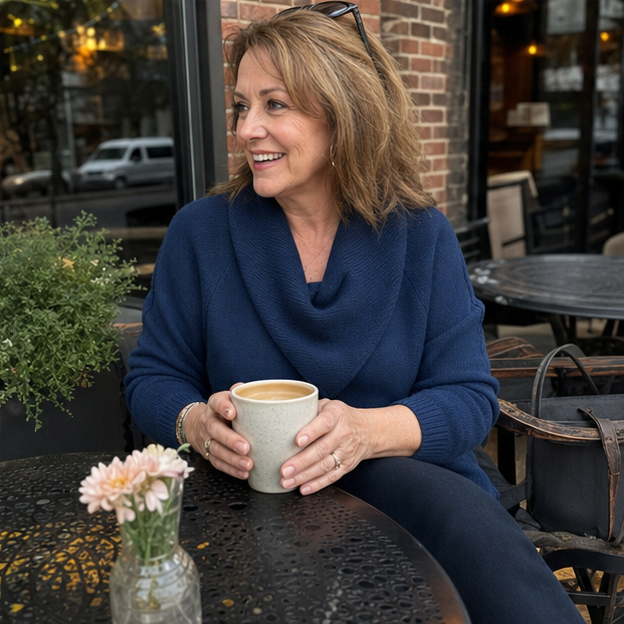 Customer wearing navy sweater at a cafe patio