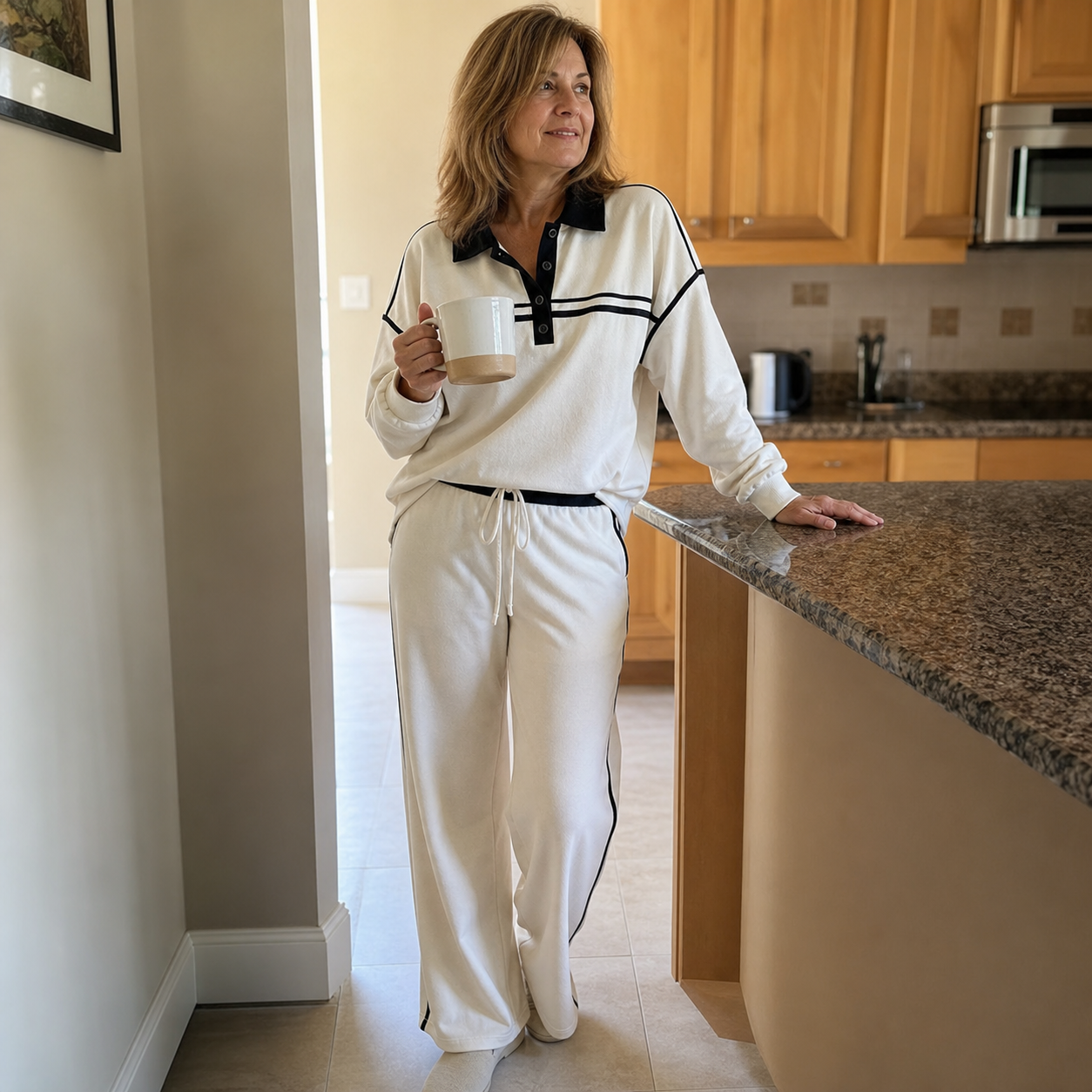 Customer wearing the Cream contrast-trim set in a kitchen