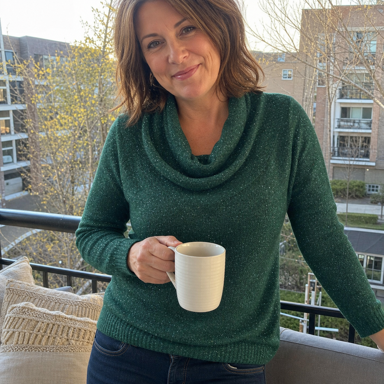 Customer on a balcony wearing the Green sweater and holding a mug