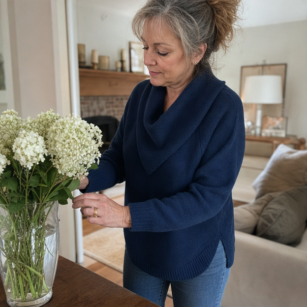 Customer arranging flowers at home in navy sweater