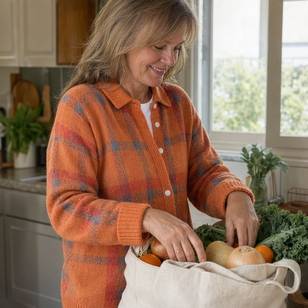 Customer wearing plaid knit while unpacking groceries