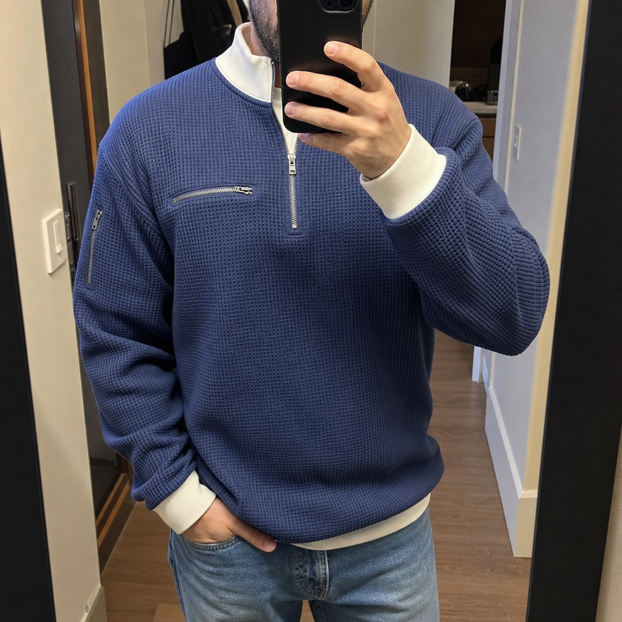 Customer mirror photo in the Navy Blue waffle half-zip pullover with White collar and zip details