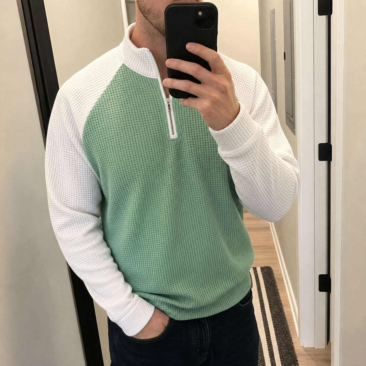 Customer mirror photo in the Mint Green and White color-block waffle half-zip pullover