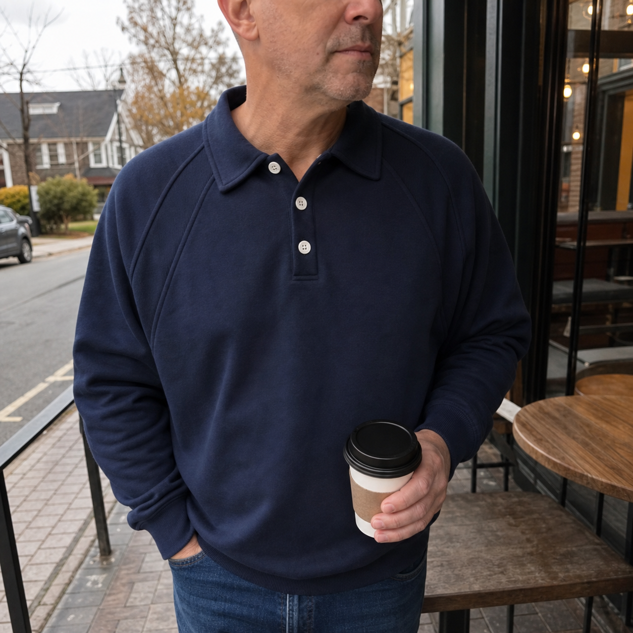 Customer wearing navy pullover outside a cafe