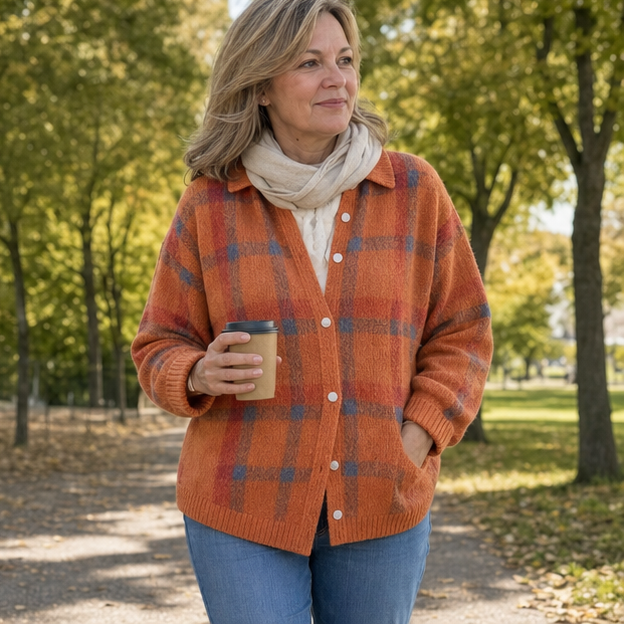Woman wearing the plaid knit on a relaxed park walk