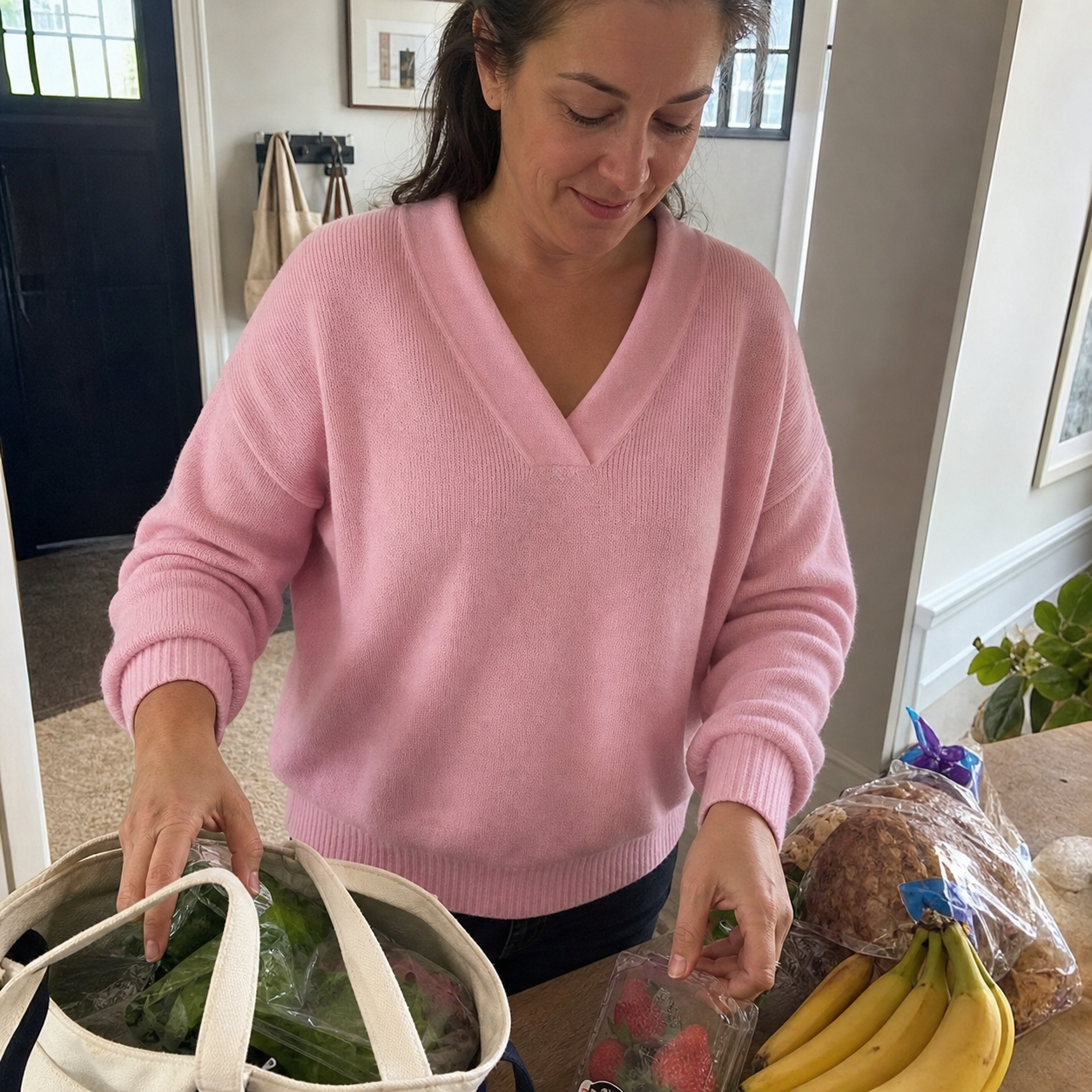 Customer unpacking groceries in the pink V-neck sweater
