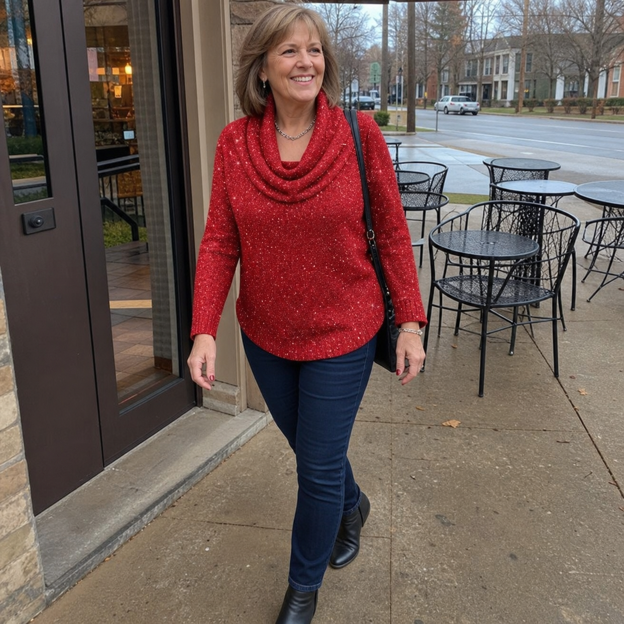 Customer walking outside a cafe wearing the Red sweater