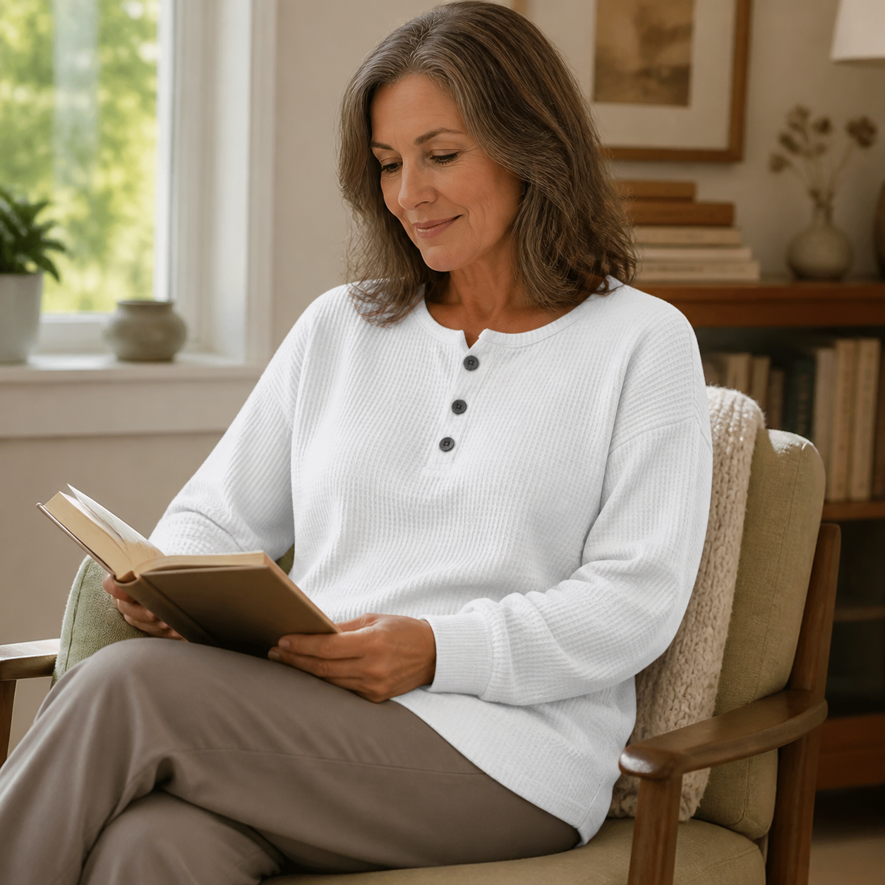 Gray/white Waffle Knit Button Detail Top styled in a quiet reading room