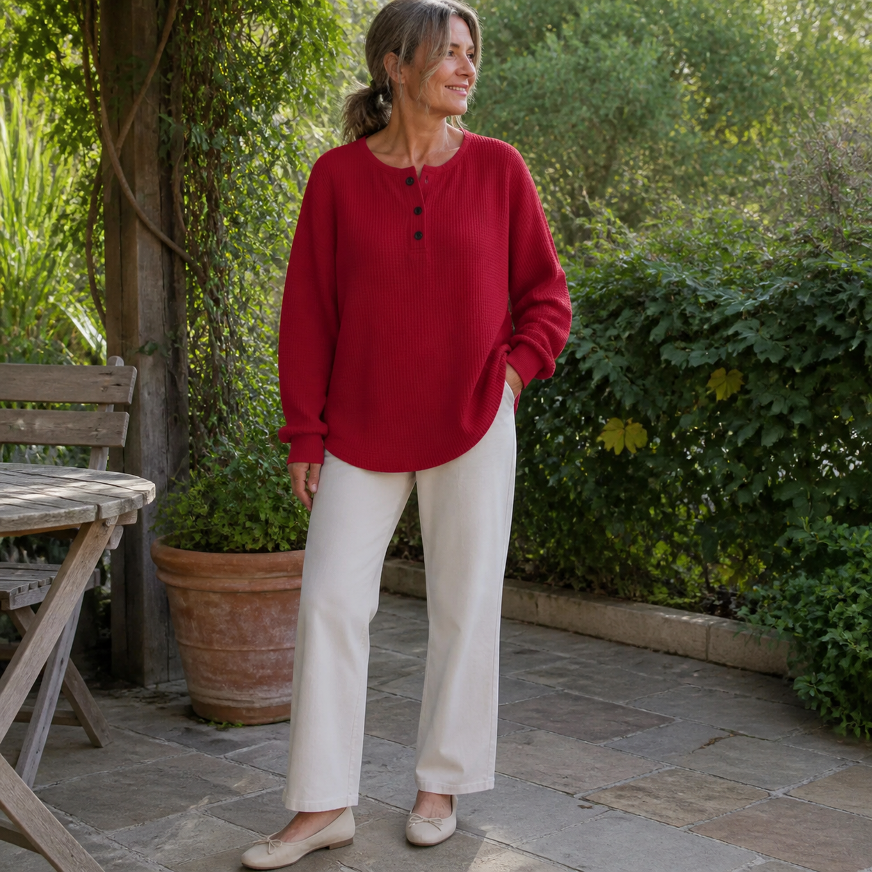 Red Waffle Knit Button Detail Top styled on a garden patio