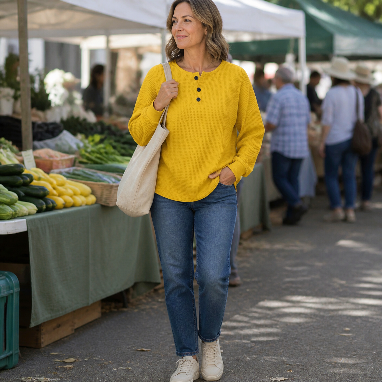 Yellow Waffle Knit Button Detail Top worn at a weekend market
