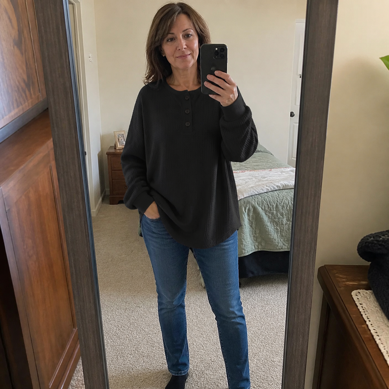 Customer mirror photo wearing the Black Waffle Knit Button Detail Top
