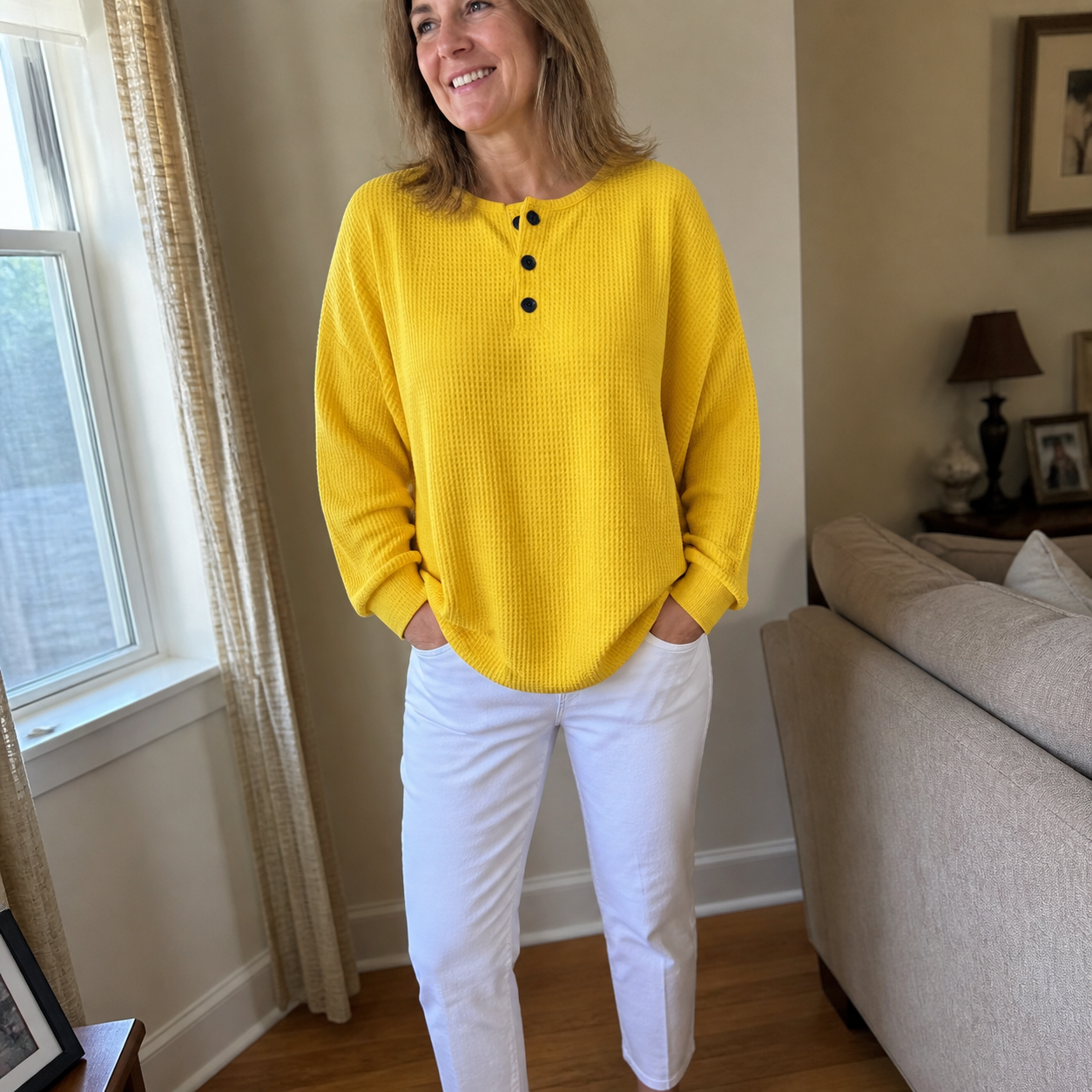 Customer home photo wearing the Yellow Waffle Knit Button Detail Top