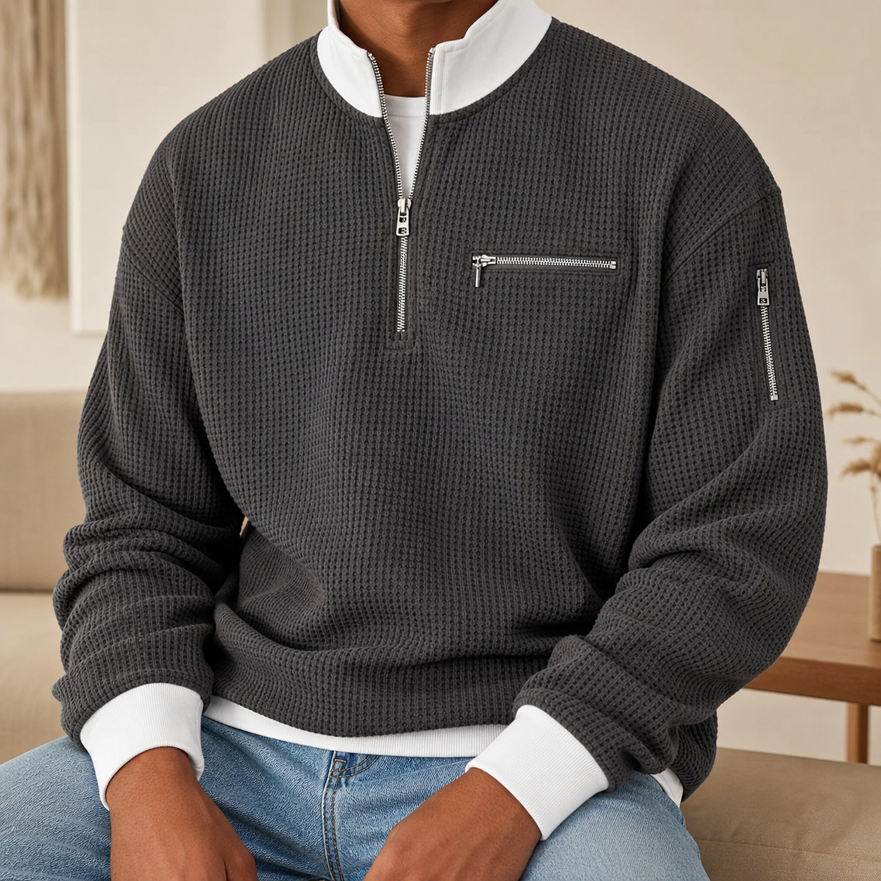 Close view of charcoal gray waffle texture, white stand collar, chest zip pocket and sleeve zip pocket