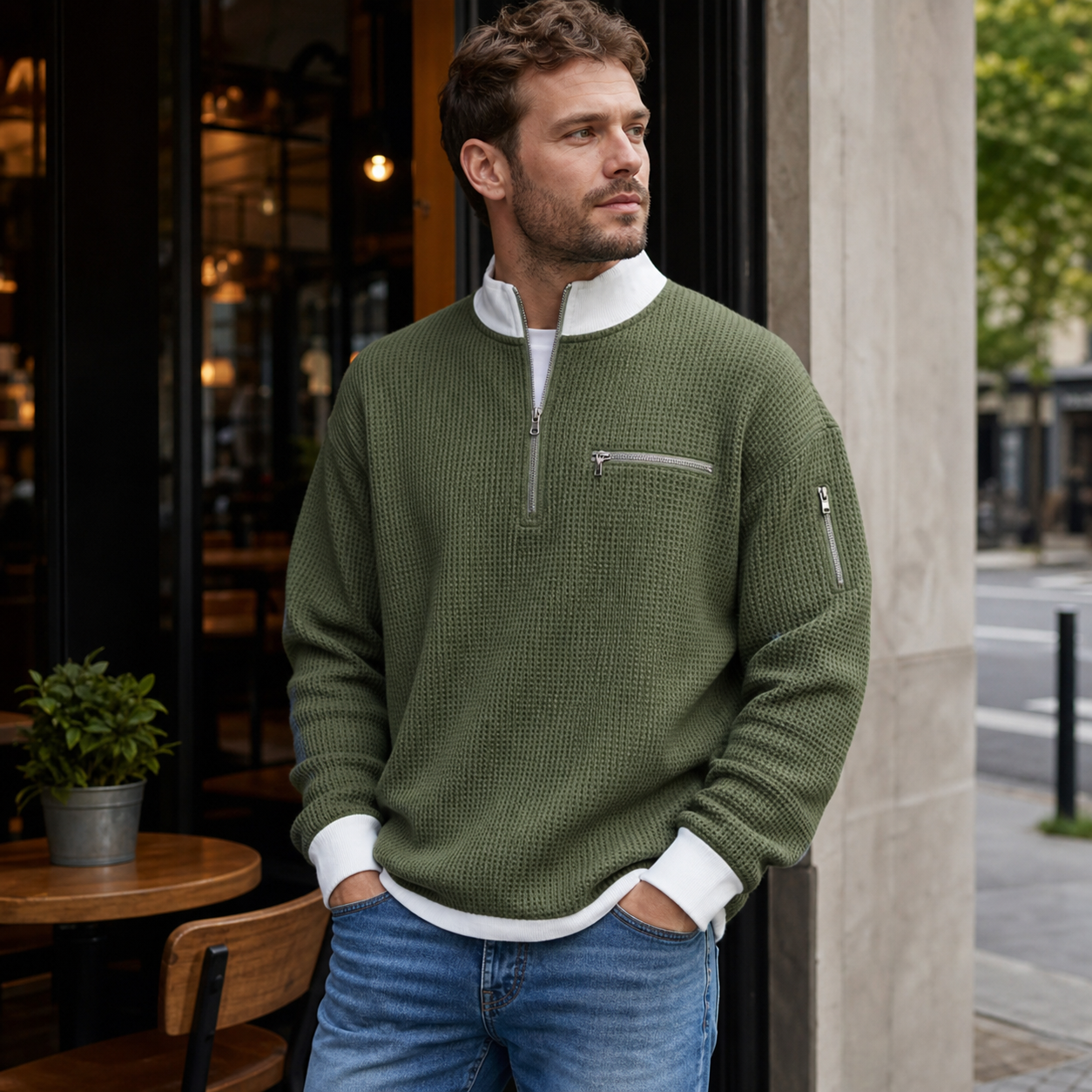 Olive Green waffle half-zip pullover styled outside a coffee shop with jeans
