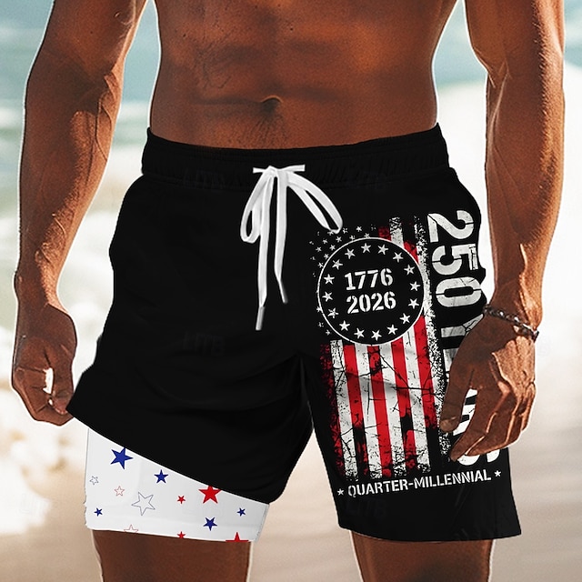 Men's US Flag America's 250th Anniversary Lined Shorts 2 in 1 Board Shorts Swim Shorts Mid Waist Patriotic Holiday Side Pockets With Compression Liner Elastic Drawstring Waist Designer Clothing