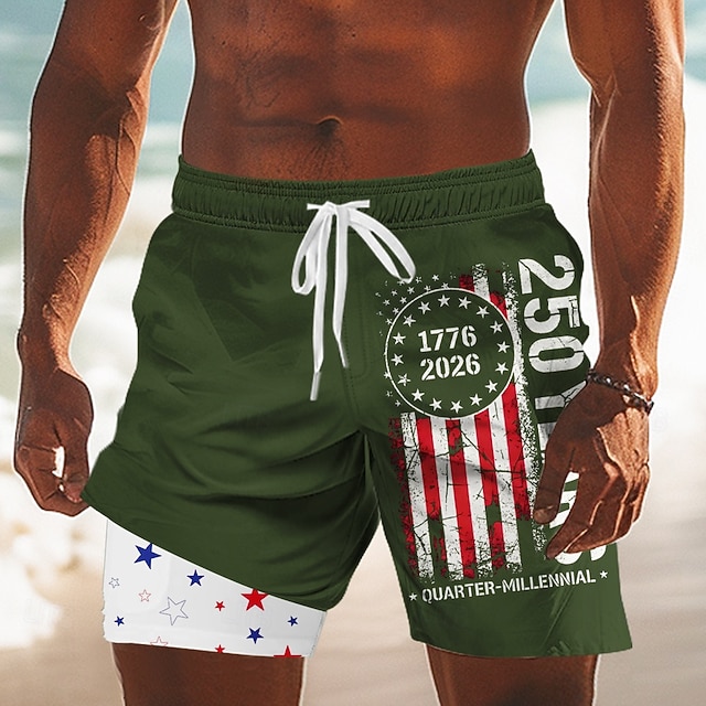 Men's US Flag America's 250th Anniversary Lined Shorts 2 in 1 Board Shorts Swim Shorts Mid Waist Patriotic Holiday Side Pockets With Compression Liner Elastic Drawstring Waist Designer Clothing