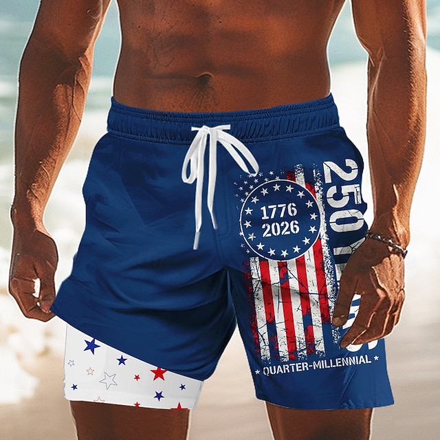 Men's US Flag America's 250th Anniversary Lined Shorts 2 in 1 Board Shorts Swim Shorts Mid Waist Patriotic Holiday Side Pockets With Compression Liner Elastic Drawstring Waist Designer Clothing