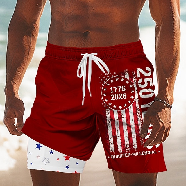 Men's US Flag America's 250th Anniversary Lined Shorts 2 in 1 Board Shorts Swim Shorts Mid Waist Patriotic Holiday Side Pockets With Compression Liner Elastic Drawstring Waist Designer Clothing
