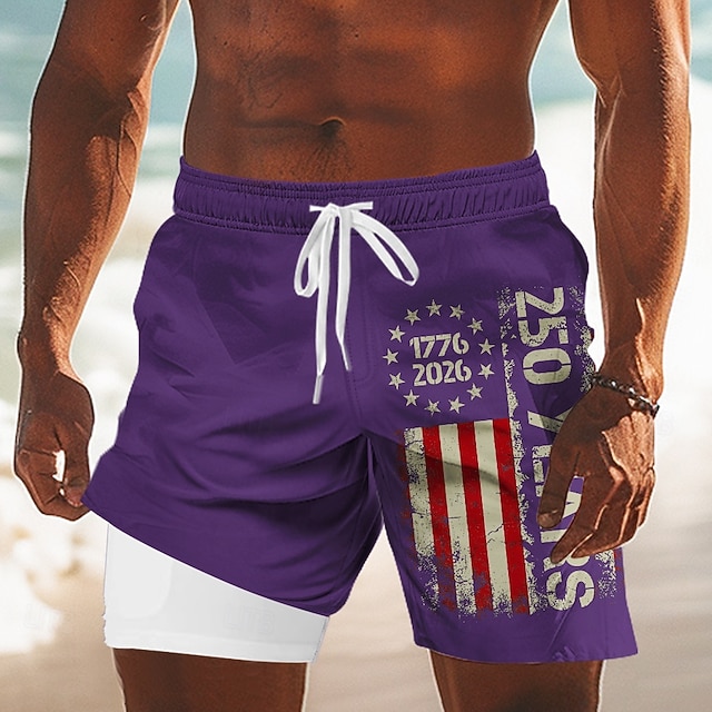 Men's US Flag America's 250th Anniversary Lined Shorts 2 in 1 Board Shorts Swim Shorts Mid Waist Patriotic Holiday Side Pockets With Compression Liner Elastic Drawstring Waist Designer Clothing
